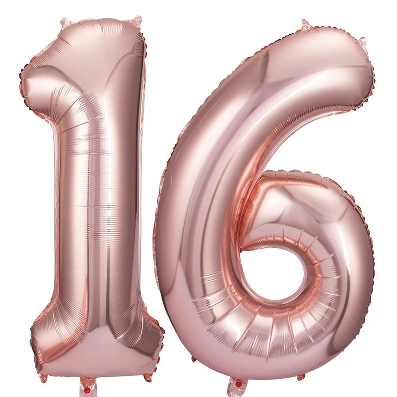 Jonhamwelbor 16 Balloon Numbers Rose Gold Big Giant Jumbo Number 16 Foil Mylar Balloons for Sweet 16th Birthday Party Supplies 16 Anniversary Events Decorations - Image 1